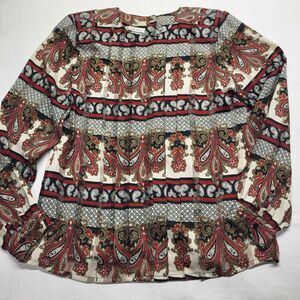 Vtg 90s Nicola Blouse Red Gold Baroque Paisley Sz 12 Pleated Back Button